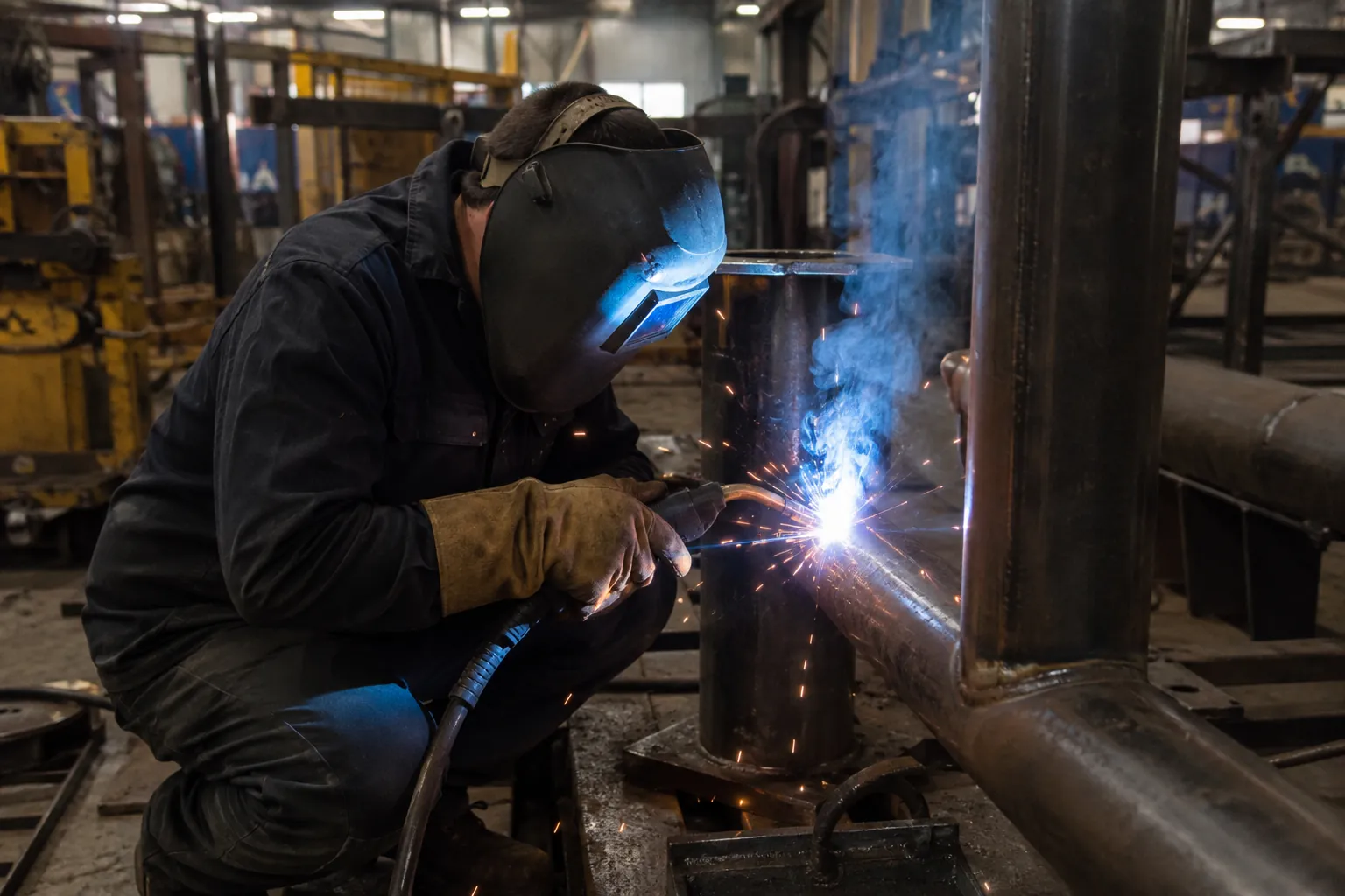 Professional welder in an industrial workshop