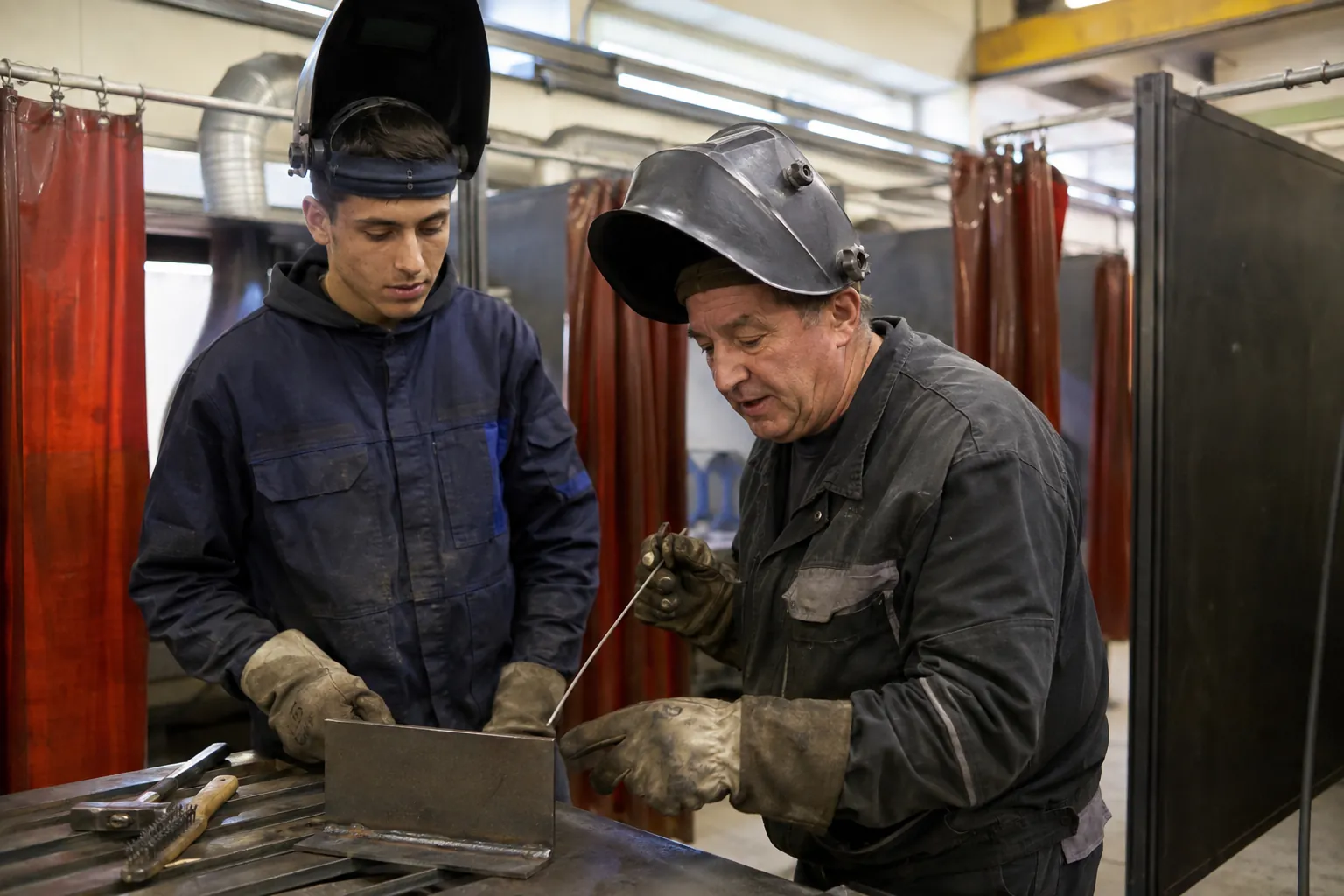 Instructor explaining a welding gesture to an apprentice
