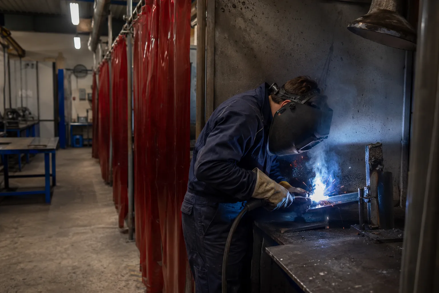 Welding apprentice in a training booth at a vocational centre