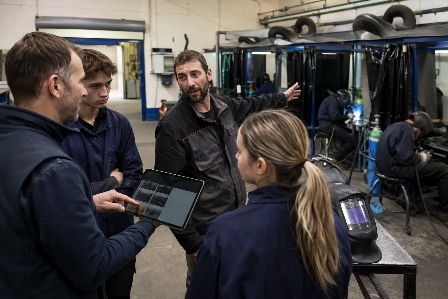 Industry body representatives observing a welding workshop
