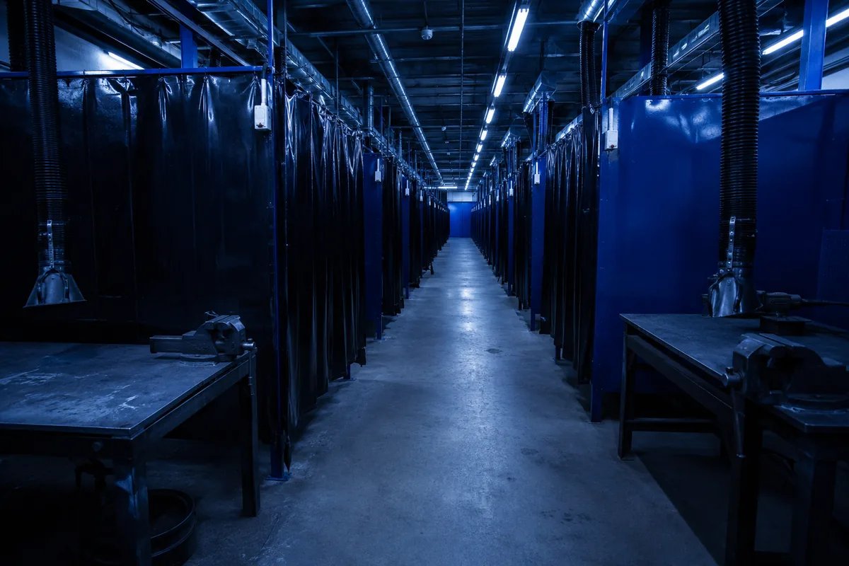 Training workshop with a long row of welding booths