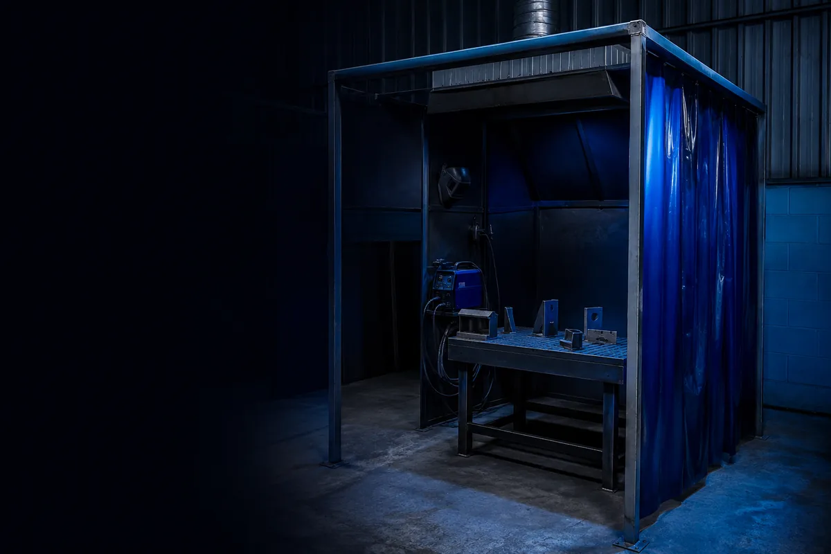 Welding booth in a training centre, equipped station and practice parts