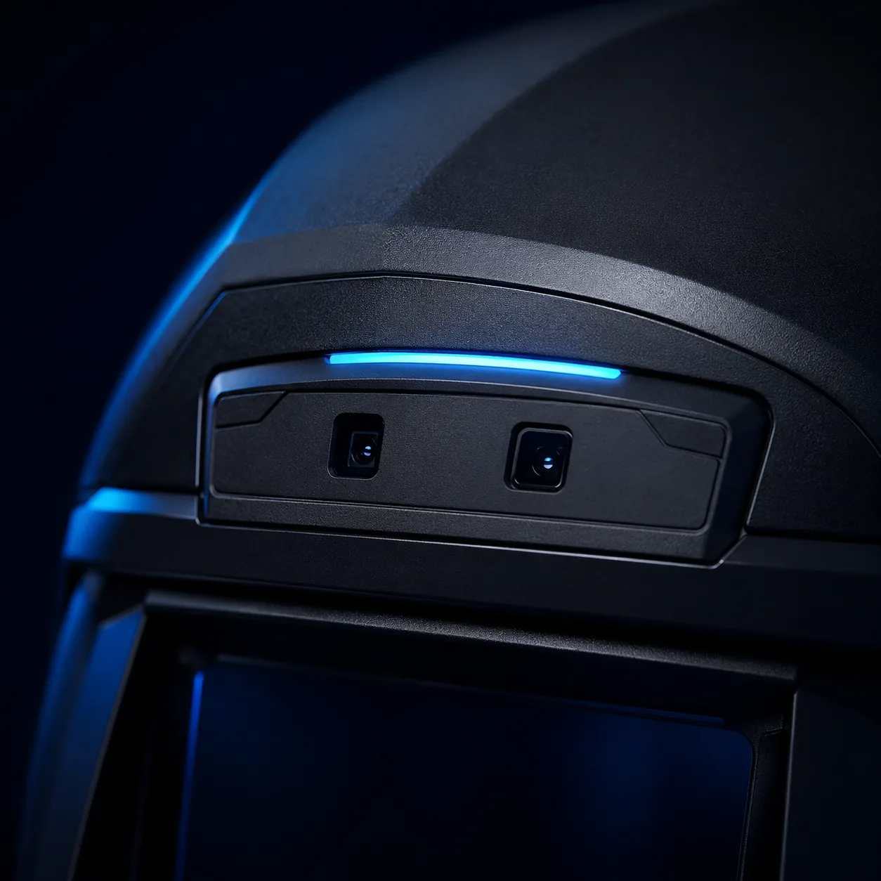 Close-up of the optical module built into the helmet: two sensors and light strip