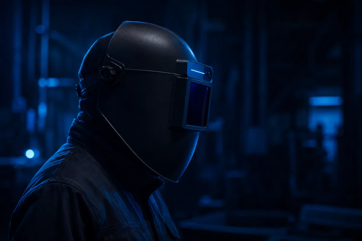 Welder in profile wearing the WELD-MENTOR helmet, protective visor lowered