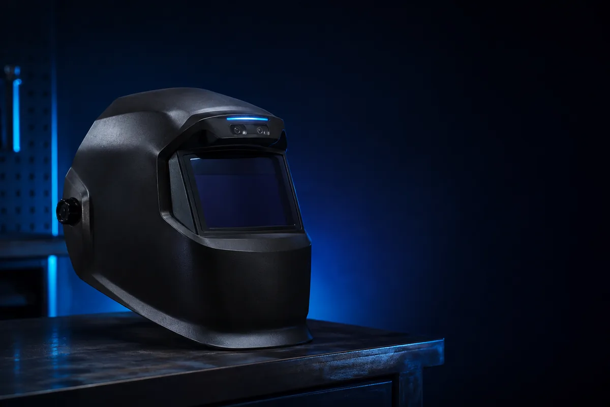 WELD-MENTOR welding helmet concept, three-quarter view, integrated optical module