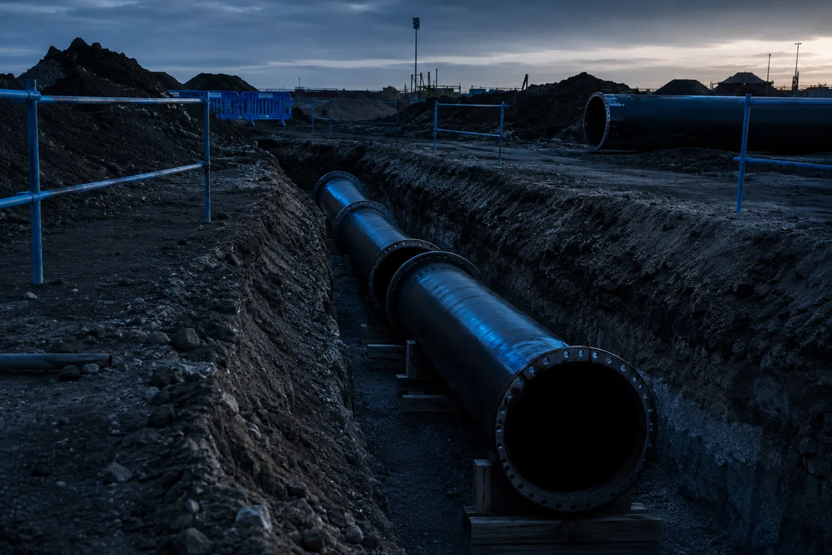 Buried network site: large-diameter steel pipework in a trench