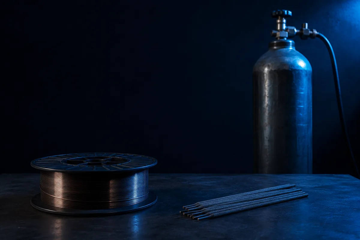 Welding wire spool, coated electrodes and shielding gas cylinder