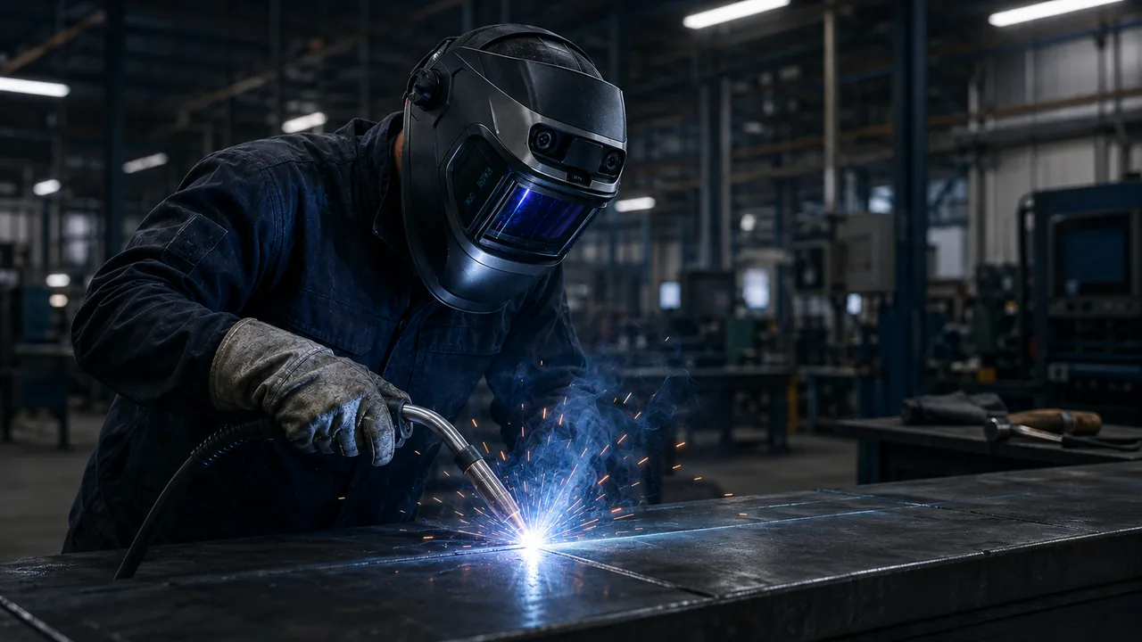 Welder in a workshop wearing a helmet fitted with the WELD-MENTOR mixed-reality module