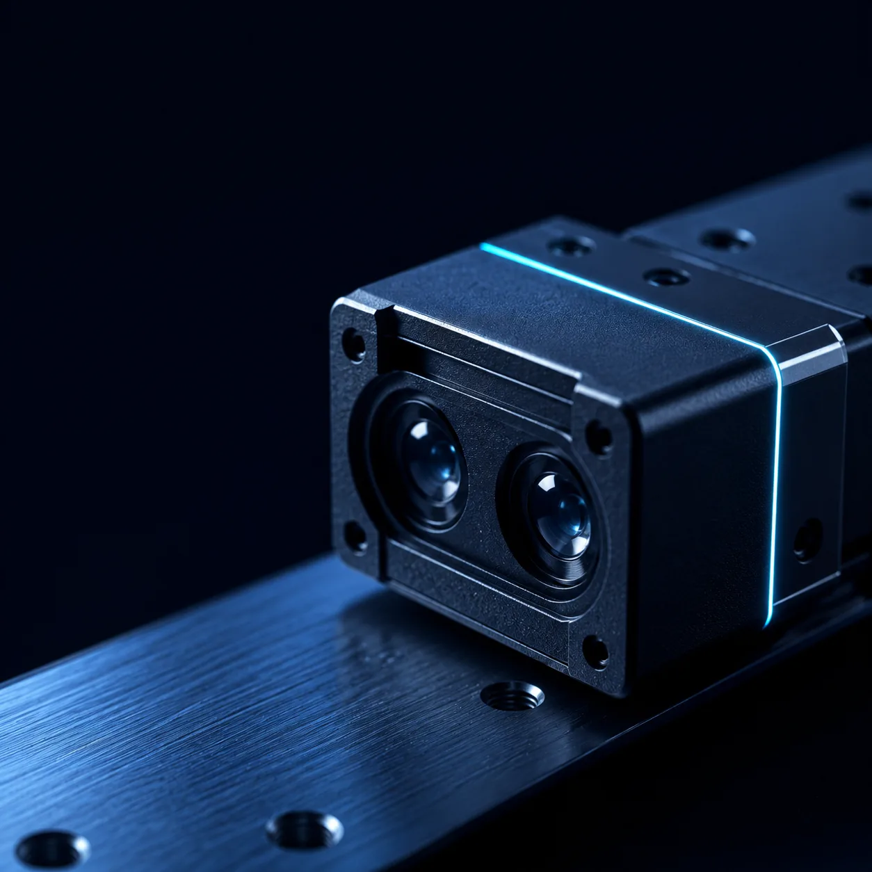 Two-sensor industrial optical module mounted on a brushed steel plate