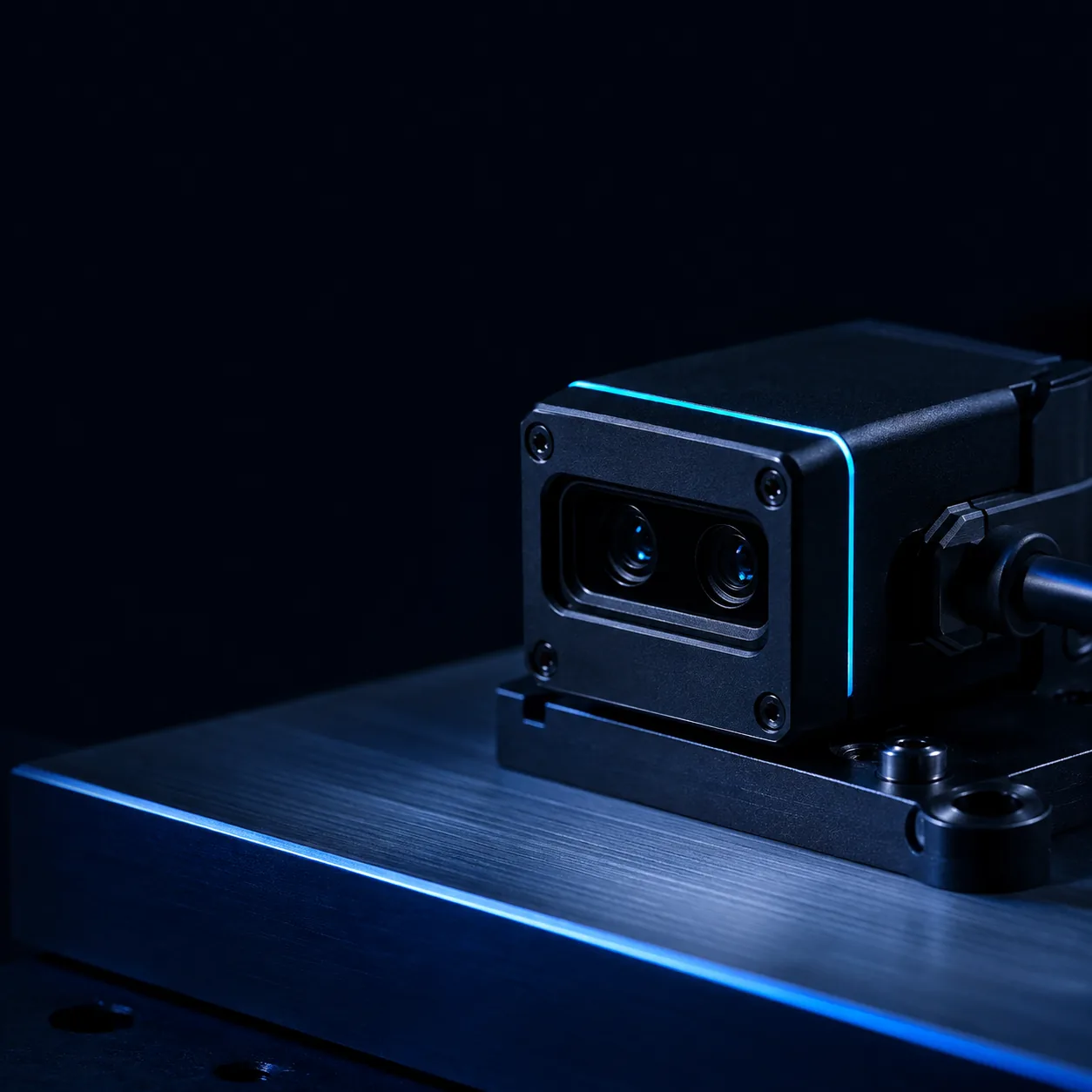 Precision industrial optical module, close-up in cold lighting